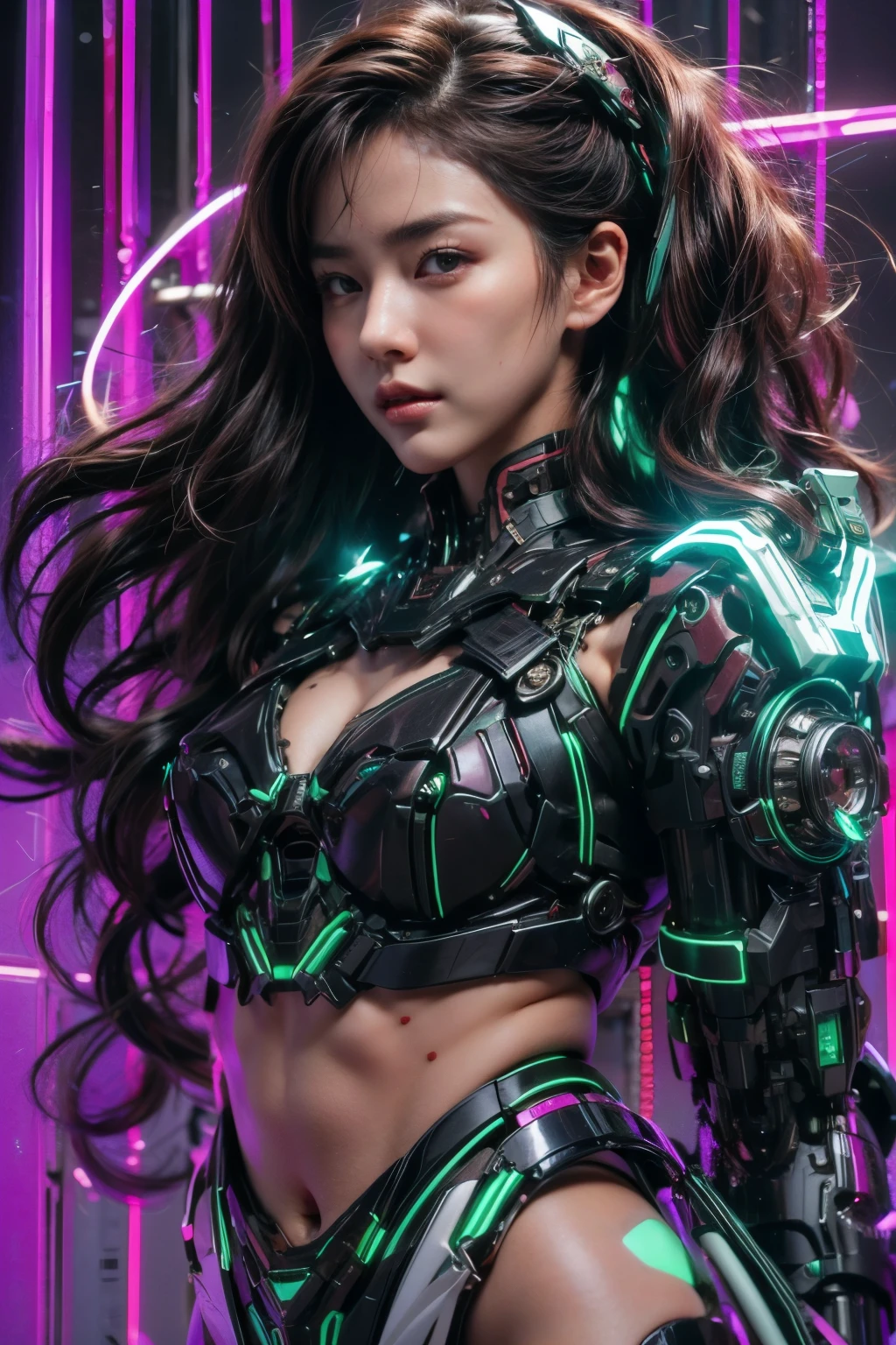 (top-quality:1.2, masterpiece)、ultra high resolution、extremely ultra surrealism, (Photorealsitic:1.4)、Raw photo、(Steampunk Battle Cyborg fallen angel)、(large mechanical bat wings)、black porcelain body、red hair、glowy skin、1 Cyborg girl、(mechanical frame:1.3)japanese, extremely cute face, ((super realistic details))、portrait、globalillumination、Shadow、octan render、8K、ultrasharp、character edge light、Details of complex ornaments、Acrylic Clear Cover、Sumerian details、Hydraulic cylinder、Small LED lamp、highly intricate detail、Realistic light、a purple eye、radiant eyes、Facing the camera、neon details、cowboy shot、Futuristic headgear、About Cyberpunk