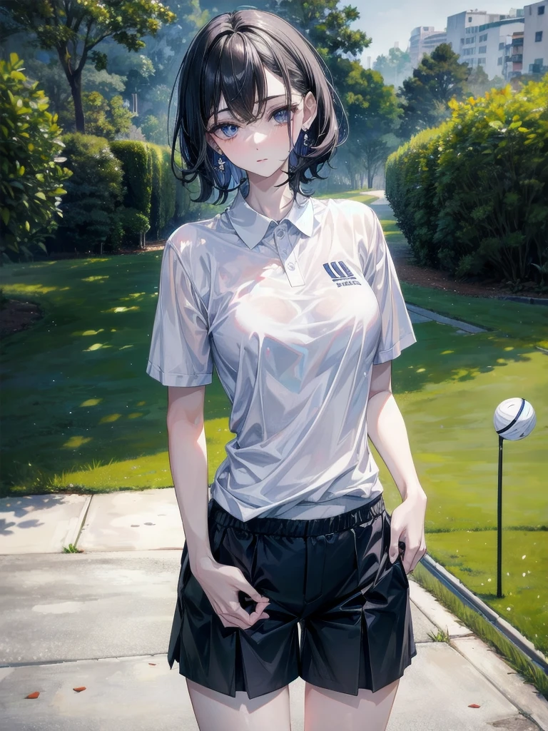 golf uniform, shorts, absurdres, RAW photo, extremely delicate and beautiful, masterpiece, Best Quality, ultra high resolution, 32k, hyperrealistic, ultra-detailed, detailed description, pale skin, 20 years old, tearful mole, earring, big tits, short medium hair, wavy hair, whole body shot,