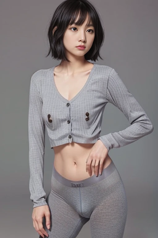 In the crowd、In the crowd、Japanese women、30 years old、(Grey long sleeve:1.7)、(Grey undershirt with no buttons:1.9),(Seamless underwear、Seamless underwear:1.8)、(Long、tight underwear:1.4)、(Tops that highlight the curves of your chest、Small Ass、Small waist、tall、Mid-chest:1.4)、(Wearing long black pants:1.5),Wearing sneakers、(Black Hair、Slightly wavy bob)、Little beauty、(slender:1.2),sexy