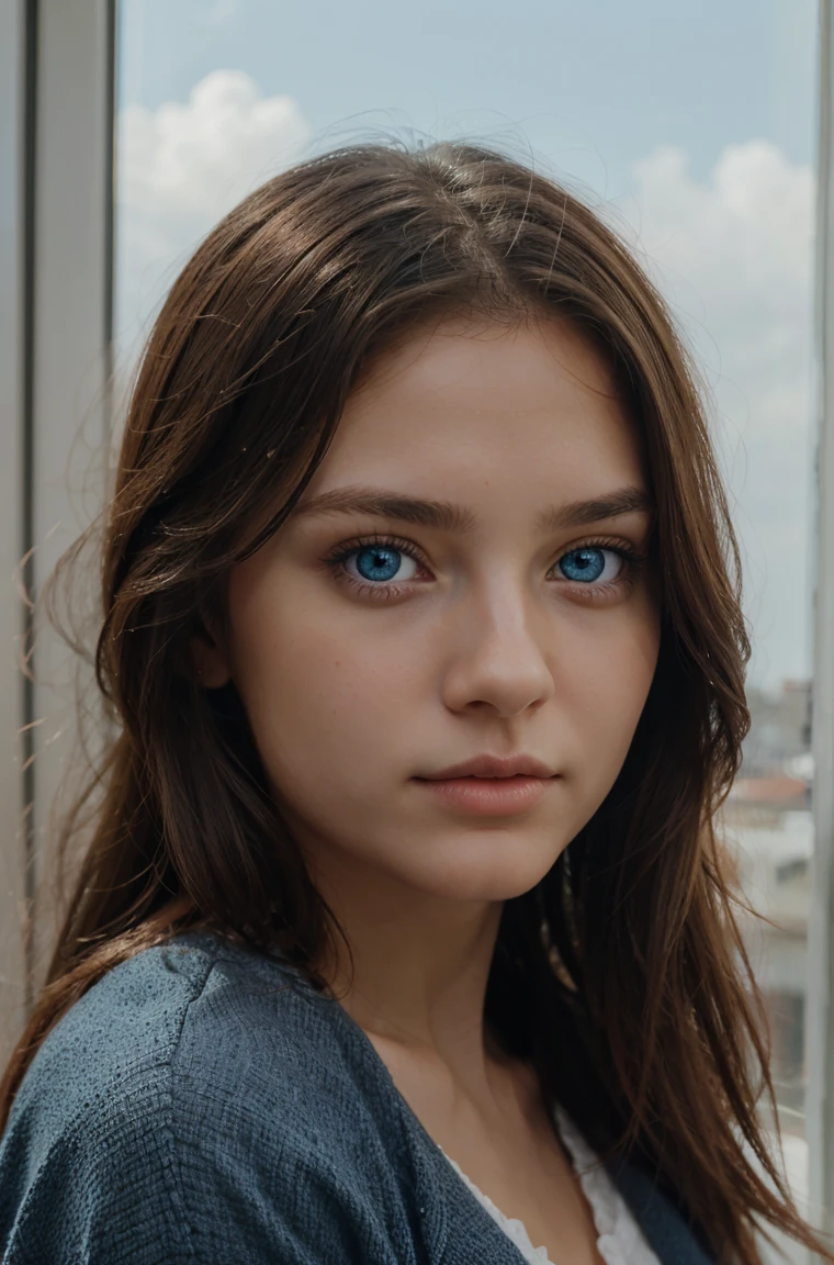 A beautiful, realistic girl with blue eyes and calm features