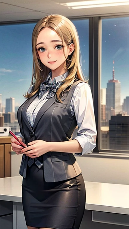 1 Woman Standing, office worker, reception, (White and grey checked vest:1.2) (Navy pencil skirt) bow tie, Mature Woman, /(Mid-length hair、Light brown hair、Blonde hair/) Beautiful forehead, A gentle blushing smile, (Masterpiece of the highest quality:1.2) Delicate illustrations, super detailed, Big Break (Modern office indoors), Cityscape of windows, Detailed Background