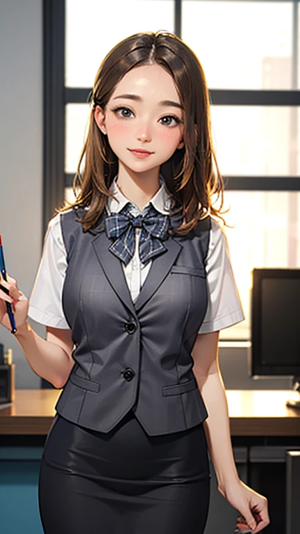 1 Woman Standing, office worker, reception, (White and grey checked vest:1.2) (Navy pencil skirt) bow tie, Mature Woman, /(Mid-length hair、Light brown hair、Blonde hair/) Beautiful forehead, A gentle blushing smile, (Masterpiece of the highest quality:1.2) Delicate illustrations, super detailed, Big Break (Modern office indoors), Cityscape of windows, Detailed Background