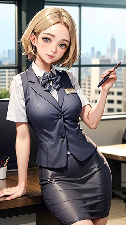 1 Woman Standing, office worker, reception, (White and grey checked vest:1.2) (Navy pencil skirt) bow tie, Mature Woman, /(short hair、Light brown hair、Blonde hair/) Beautiful forehead, A gentle blushing smile, (Masterpiece of the highest quality:1.2) Delicate illustrations, super detailed, Big Break (Modern office indoors), Cityscape of windows, Detailed Background
