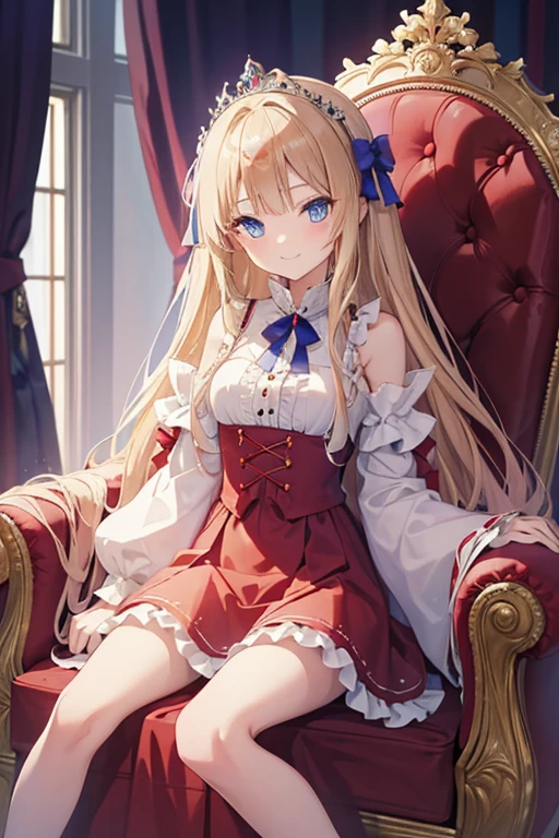 Masterpiece, best quality, high quality, very detailed CG uniform 8k wallpaper, very detailed, very detailed background)), 1woman, princess, long hair, blonde hair, blue eyes, blush, light smile, red sleeveless dress, castle background
