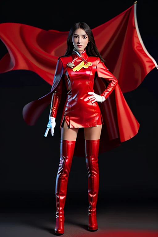 Ultra-clear and realistic
girl，Transform into a Chinese five-star red flag uniform，Red cape+Red gloves red flag pattern boots，，Superhero Five Star Flag Girl Power Full Body Stand Shooting