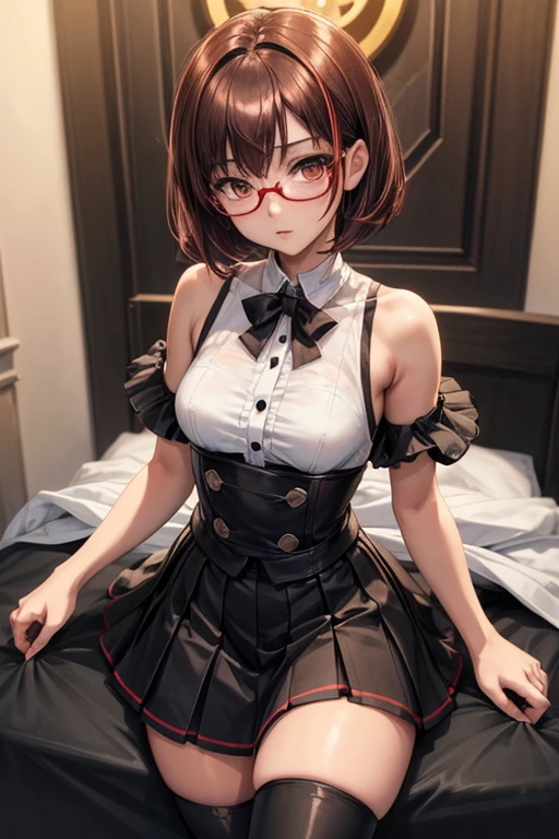 8K UHD, Digital SLR, Soft lighting, High quality, ((best quality)) ((best quality)), ((masterpiece)), (detailed), 4k image, anime style, beautiful teenage anime girl, black color A-line pleated skirt, white shirt, fair caramel brown skin, symmetrical face, plump lips, blood red vermillion eyes, thin circular frame transparent nerdy glasses, African looks, small breasts, toned thin slender body, small narrow waist, short height, waist length pixie cut hair, sleek dark red hair, hips, phoenix eyes, small nose, European style , white color sheer thigh-high stockings, low-top boots
