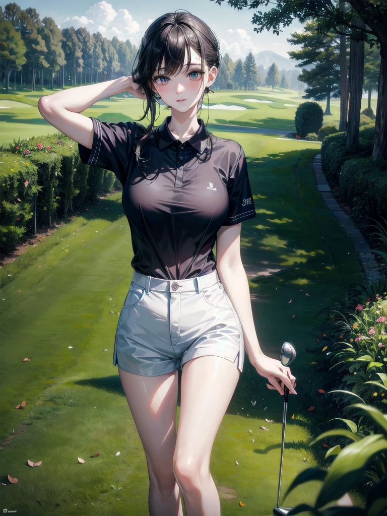 golf uniform, shorts, absurdres, RAW photo, extremely delicate and beautiful, masterpiece, Best Quality, ultra high resolution, 32k, hyperrealistic, ultra-detailed, detailed description, pale skin, 20 years old, tearful mole, earring, big tits, short medium hair, wavy hair, whole body shot,