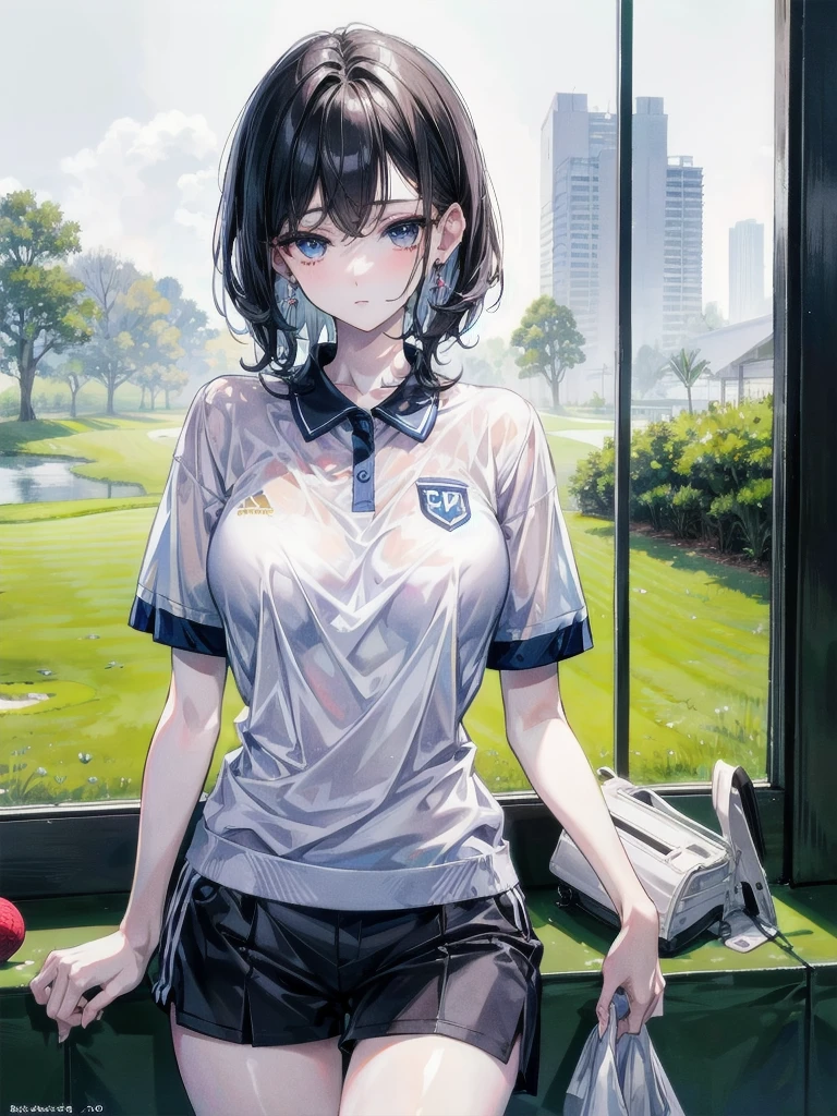 golf uniform, shorts, absurdres, RAW photo, extremely delicate and beautiful, masterpiece, Best Quality, ultra high resolution, 32k, hyperrealistic, ultra-detailed, detailed description, pale skin, 20 years old, tearful mole, earring, big tits, short medium hair, wavy hair, whole body shot,