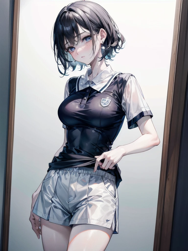 golf uniform, shorts, absurdres, RAW photo, extremely delicate and beautiful, masterpiece, Best Quality, ultra high resolution, 32k, hyperrealistic, ultra-detailed, detailed description, pale skin, 20 years old, tearful mole, earring, big tits, short medium hair, wavy hair, whole body shot,