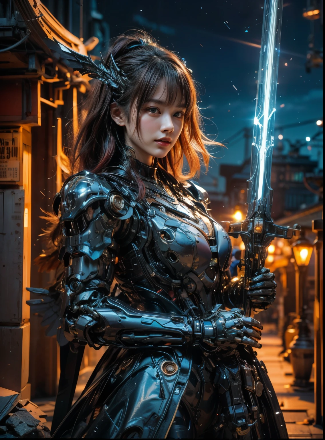 (top-quality:1.2, masterpiece)、ultra high resolution、extremely ultra surrealism, (Photorealsitic:1.4)、Raw photo、(Steampunk Battle Cyborg fallen angel)、(large mechanical bat wings)、black porcelain body、red  hair、glowy skin、1 Cyborg girl、(mechanical frame:1.3)japanese, extremely cute face,  ((super realistic details))、portrait、globalillumination、Shadow、octan render、8K、ultrasharp、character edge light、Details of complex ornaments、Acrylic Clear Cover、Sumerian details、Hydraulic cylinder、Small LED lamp、highly intricate detail、Realistic light、a purple eye、radiant eyes、Facing the camera、neon details、cowboy  shot、Futuristic headgear、About Cyberpunk