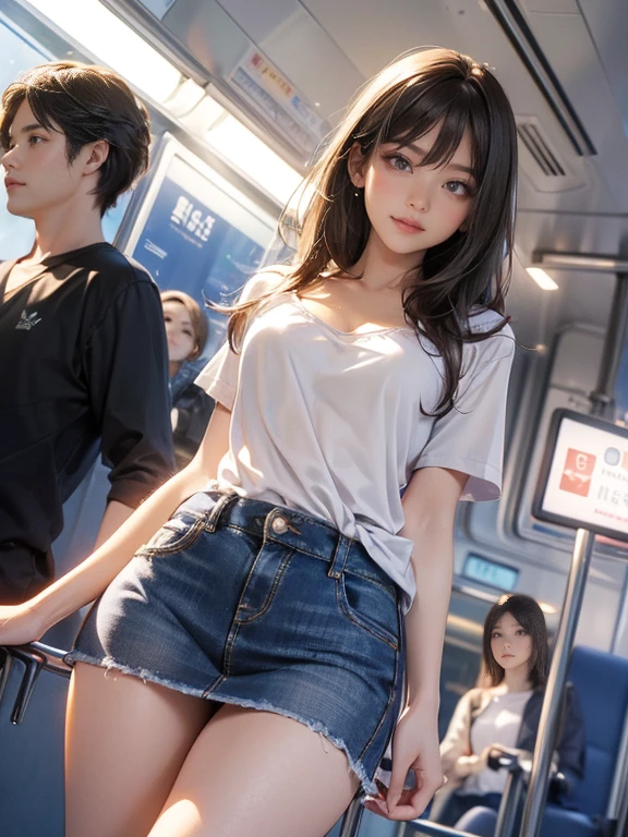 ((Extreme exposure))(High-definition image quality)極Realistic skin texture、High definition face(brown、Very long straight hair、Hair behind the ear、Beautiful moist brown hair、Smooth Hair)((Bright smile))、Gaze(sexy 25 year old girl、Idol Makeup、Eyeliner)(Fair skin)(Sparkling eyes)Smooth Skin、Realistic skin texture ((Oversized T-shirt、Short length、Cleavage、Big Breasts) ((Extremely short denim miniskirt、damage、Super tight、small、Ultra low rise、Panty lines))))A well-proportioned and perfect body、Beautiful armpits、On the position of the chest、Round big breasts、Beautiful valley、Ultra-thin waist、Waistline、Long legs、Glitter High Heels((((on the train、Holding a strap、stand))))(((((View angle from below))))))