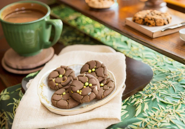(best quality,high-res,realistic),sunlit serene living room,coffee cup,vintage green-brown steam,soft warm natural light,bright green tablecloth,Japanese pastry dango,pampas grass,assorted cookies,linen cloth,peaceful relaxing atmosphere,cozy living room,balanced composition,realistic lifelike textures,well-rendered shadows and highlights,timeless classic atmosphere.
