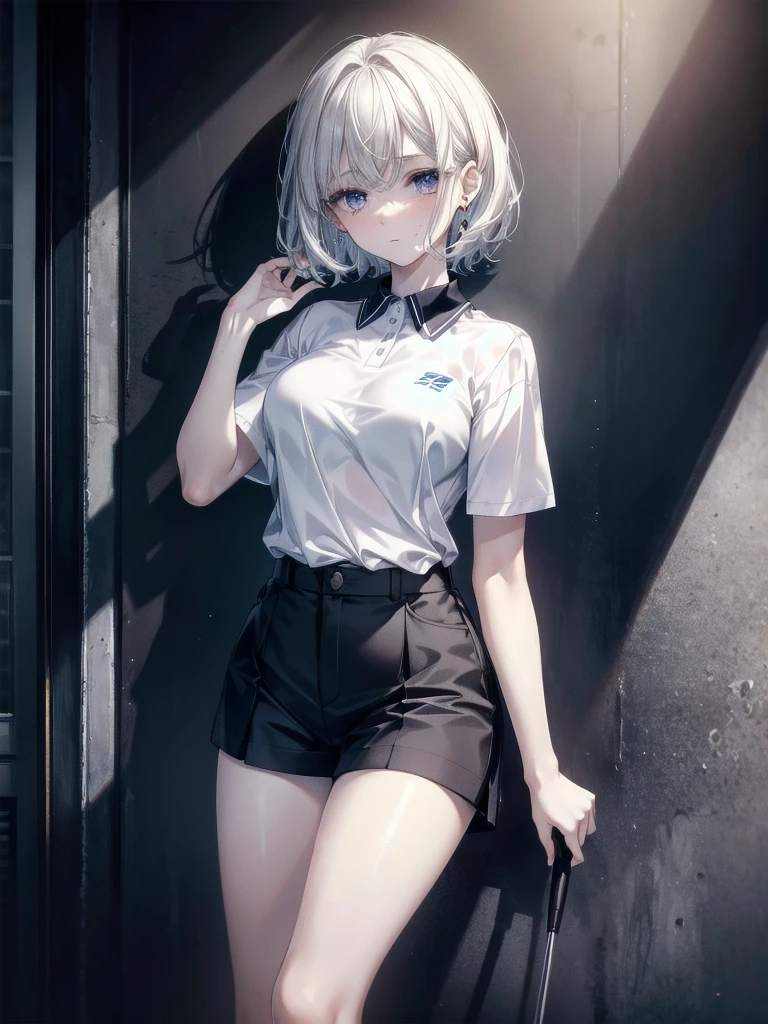 golf uniform, shorts, absurdres, RAW photo, extremely delicate and beautiful, masterpiece, Best Quality, ultra high resolution, 32k, hyperrealistic, ultra-detailed, detailed description, pale skin, 20 years old, tearful mole, earring, big tits, short medium hair, wavy hair, whole body shot,