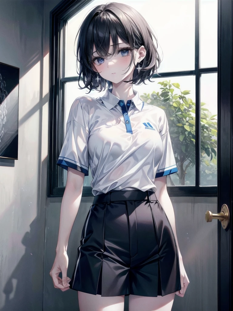 golf uniform, shorts, absurdres, RAW photo, extremely delicate and beautiful, masterpiece, Best Quality, ultra high resolution, 32k, hyperrealistic, ultra-detailed, detailed description, pale skin, 20 years old, tearful mole, earring, big tits, short medium hair, wavy hair, whole body shot,
