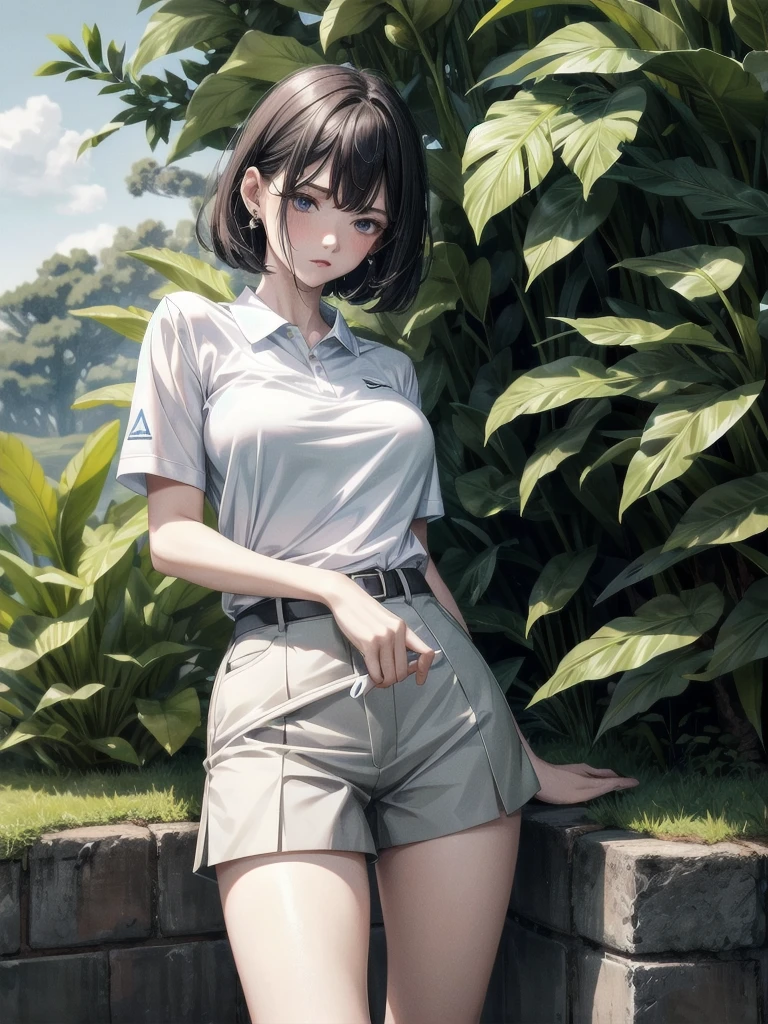 golf uniform, shorts, absurdres, RAW photo, extremely delicate and beautiful, masterpiece, Best Quality, ultra high resolution, 32k, hyperrealistic, ultra-detailed, detailed description, pale skin, 20 years old, tearful mole, earring, big tits, short medium hair, wavy hair, whole body shot,