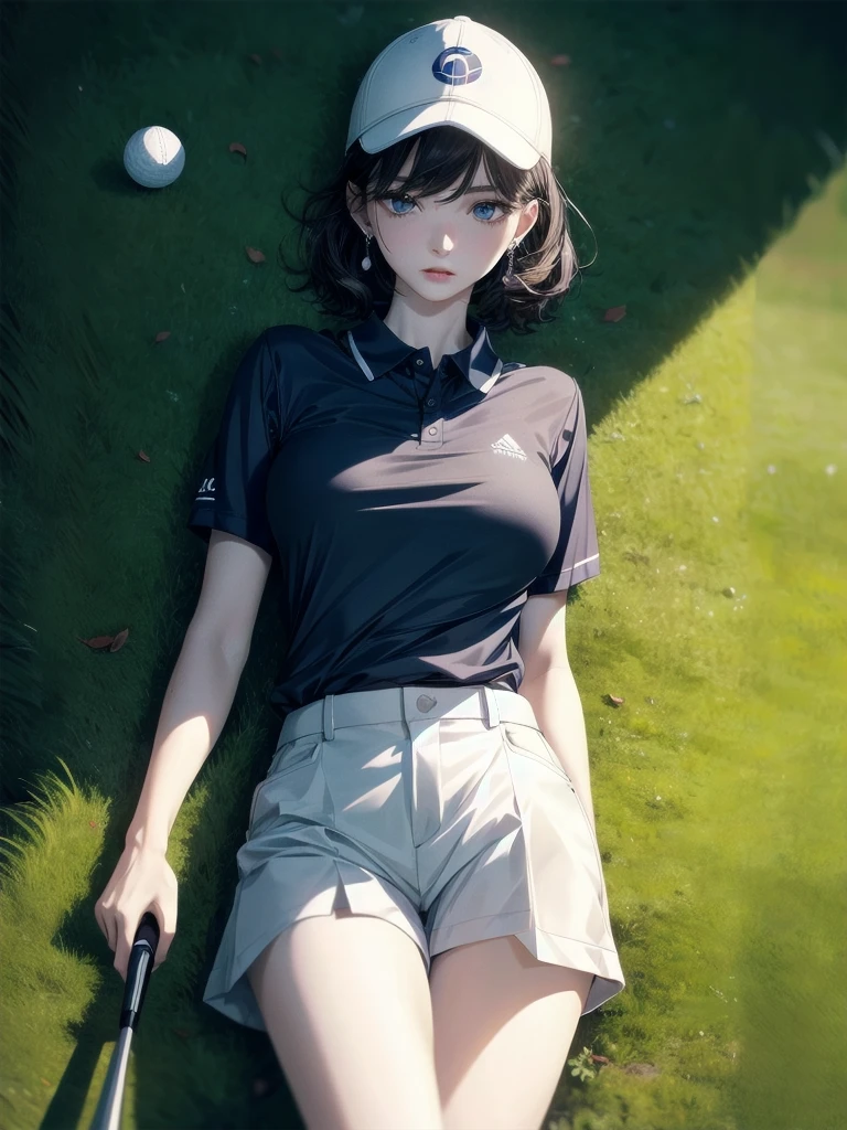 golf uniform, shorts, absurdres, RAW photo, extremely delicate and beautiful, masterpiece, Best Quality, ultra high resolution, 32k, hyperrealistic, ultra-detailed, detailed description, pale skin, 20 years old, tearful mole, earring, big tits, short medium hair, wavy hair, whole body shot,