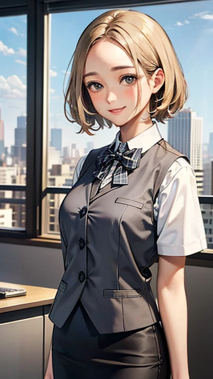 1 Woman Standing, office worker, reception, (White and grey checked vest:1.2) (Navy pencil skirt) bow tie, Mature Woman, /(short hair、Light brown hair、Blonde hair/) Beautiful forehead, A gentle blushing smile, (Masterpiece of the highest quality:1.2) Delicate illustrations, super detailed, Big Break (Modern office indoors), Cityscape of windows, Detailed Background