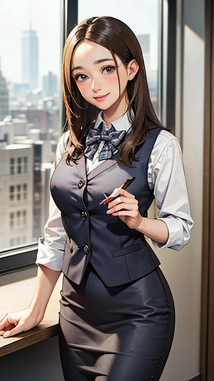 1 Woman Standing, office worker, reception, (White and grey checked vest:1.2) (Navy pencil skirt) bow tie, Mature Woman, /(Mid-length hair、Light brown hair、Blonde hair/) Beautiful forehead, A gentle blushing smile, (Masterpiece of the highest quality:1.2) Delicate illustrations, super detailed, Big Break (Modern office indoors), Cityscape of windows, Detailed Background