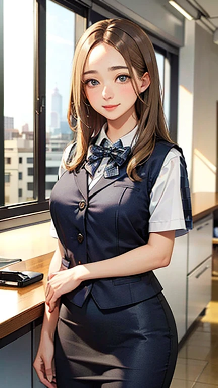 1 Woman Standing, office worker, reception, (White and grey checked vest:1.2) (Navy pencil skirt) bow tie, Mature Woman, /(Mid-length hair、Light brown hair、Blonde hair/) Beautiful forehead, A gentle blushing smile, (Masterpiece of the highest quality:1.2) Delicate illustrations, super detailed, Big Break (Modern office indoors), Cityscape of windows, Detailed Background