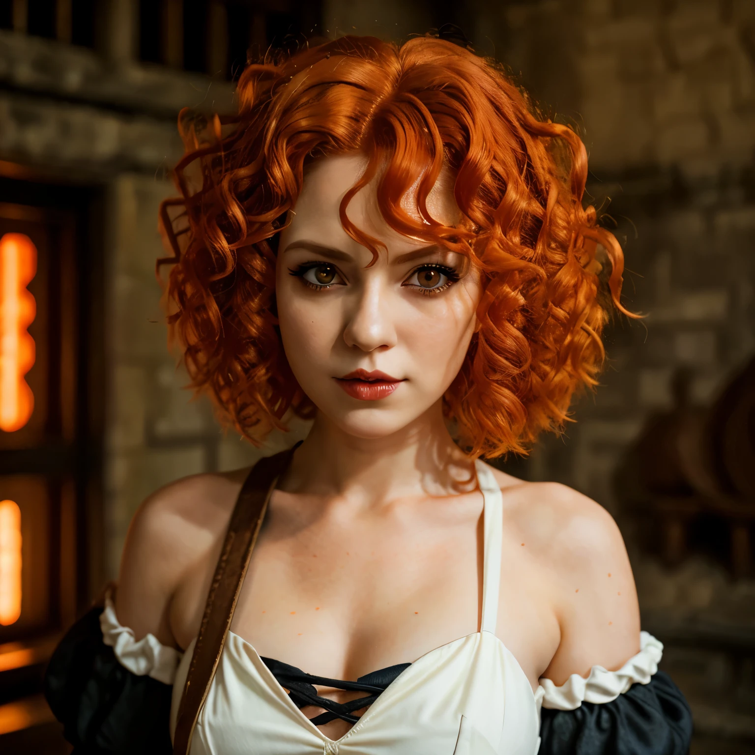 Make a girl with orange curly hair white eyes demon slayer features
