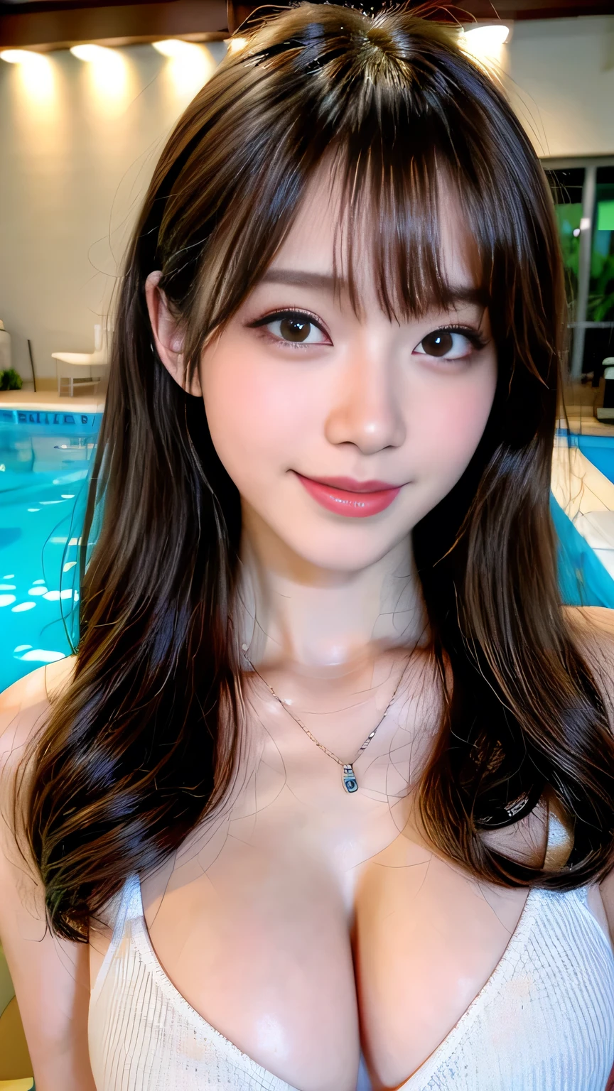 Full Body Angle、((highest quality, 8K, masterpiece: 1.3)), concentrated: 1.2, Cute girl 1,Nipples erect、 Perfect beauty: 1.4,Brightly colored swimwear、bikini、: 1.2,Randall Color、comics＆Text Graphics、Black,1.1, Highly detailed face and skin textures, Fine grain, double eyelid, whitening skin, ,highest quality,Ultra-high resolution,you,1 girl,alone,_Shiny_skin,Iris,necklace,((Brown_length_Wavy_hair)),(lips)),eyelash,Front hair,deal with,compensate,Shiny,pore,skin texture,Large Breasts、smiling face、Front hair、Indoor heated pool、