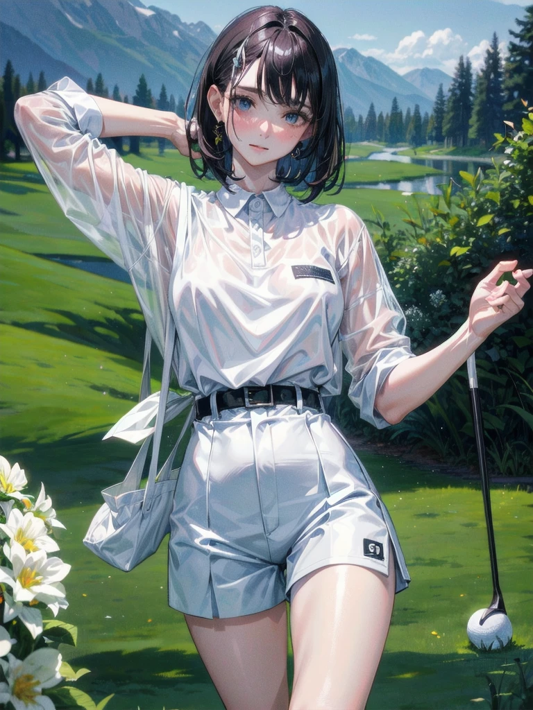 golf uniform, shorts, absurdres, RAW photo, extremely delicate and beautiful, masterpiece, Best Quality, ultra high resolution, 32k, hyperrealistic, ultra-detailed, detailed description, pale skin, 20 years old, tearful mole, earring, big tits, short medium hair, wavy hair, whole body shot,