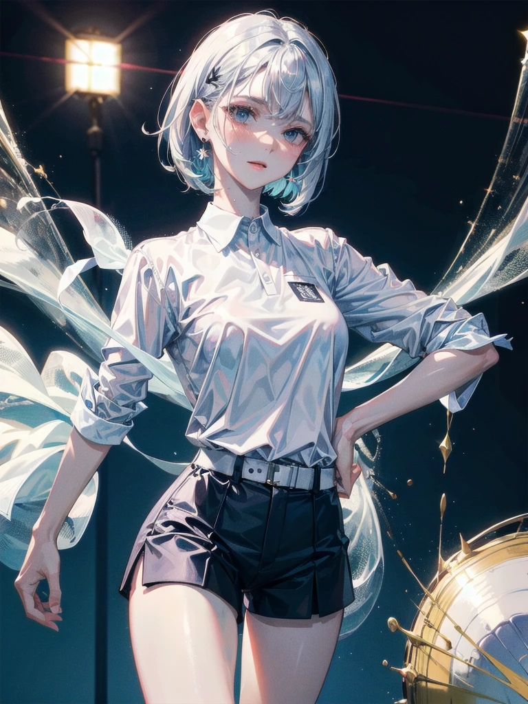 golf uniform, shorts, absurdres, RAW photo, extremely delicate and beautiful, masterpiece, Best Quality, ultra high resolution, 32k, hyperrealistic, ultra-detailed, detailed description, pale skin, 20 years old, tearful mole, earring, big tits, short medium hair, wavy hair, whole body shot,