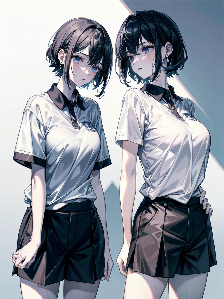 golf uniform, shorts, absurdres, RAW photo, extremely delicate and beautiful, masterpiece, Best Quality, ultra high resolution, 32k, hyperrealistic, ultra-detailed, detailed description, pale skin, 20 years old, tearful mole, earring, big tits, short medium hair, wavy hair, whole body shot,