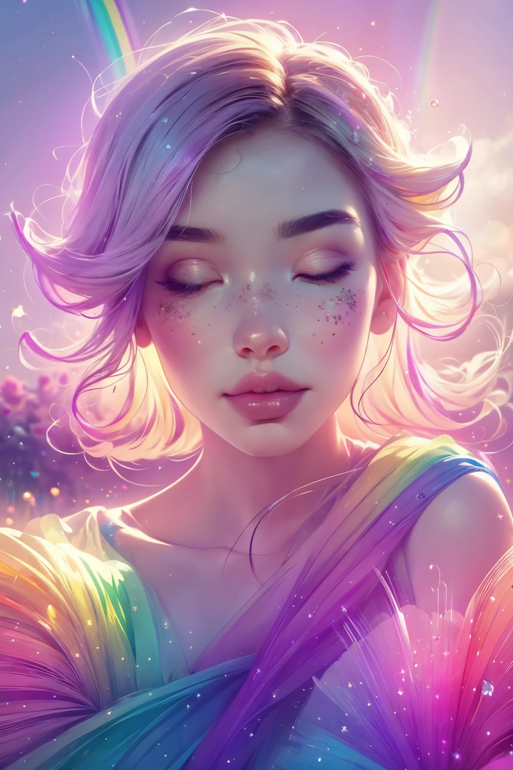 (This is a beautiful rainbow fantasy image that feels interesting and emphasizes glitter and iridescence.) Generate a ((blind)) curvy woman with colorful curly hair and milky white eyes. Her face is important and is perfectly formed with puffy lips and perfect features. (Her eyes are critically important and are (blank) and (solid white)). The image exudes ethereal beauty and soft fantasy. Include sweet and detailed birds and soft, luminous flowers in all the colors of the rainbow. The image's background is decorated in shades of pink, shimmer, glitter, and fantasy details like colored bubbles and cosmos. Utilize dynamic composition to create a compelling and action-packed image. Dramatic lighting and cinematic lighting enhance the woman's beauty and the soft colors in the artwork. (((((Perspective: head on.))))) Include fantasy, cute, colorful, colourful, interesting magic background, ((((blank eyes)))), ((((empty white eyes)))), (shirome eyes:1.3), (smirking), (perfectly rendered solid whiteeyes), ((birthmark on lip)), ((pretty lips)), beautiful background, complex background, sweet background, (((rainbow)))