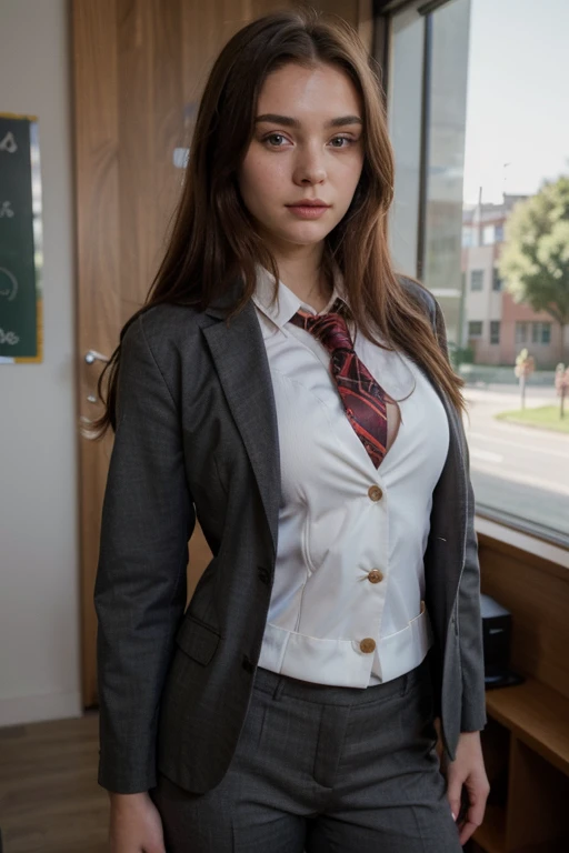 (Real woman of 18 years old with perfec and detailed face), who has long red hair bright, (with physical features of German woman), (anatomically proportioned) (with brigth green eyes, a heigth of 173 centemeters), Unified 8k wallpaper, realistic realism, sunlight, full body portrait, amazing beauty, dynamic pose, ((((Dressed in a school suit)))).