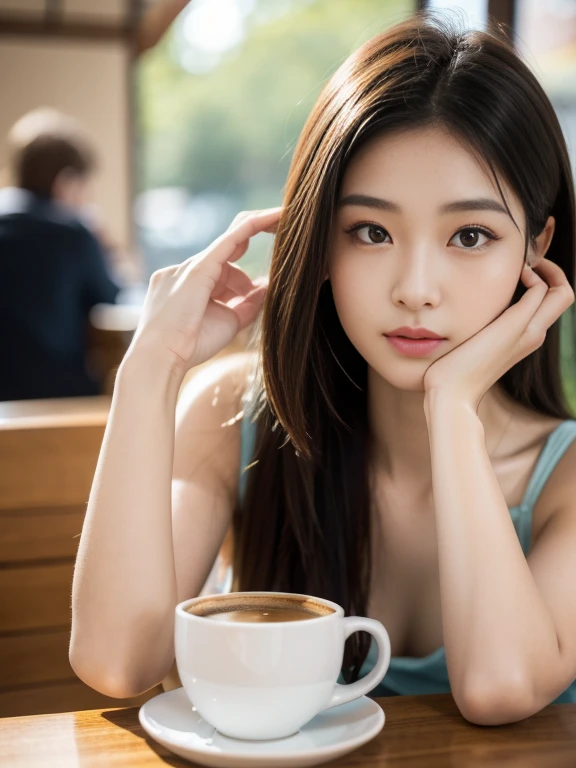 (16K, highres, absurdresmasterpiece, best quality, ultra detailed, exquisite, beautiful), delicate facial features, beautiful japanese idol, late teens, 19year old, woman, in the cafe, coffee cup, looking at viewer, realistic portrait, raw photo, ultra realistic photo, upper body, front view, golden ratio, cinematic lighting, in focus with blurred background,