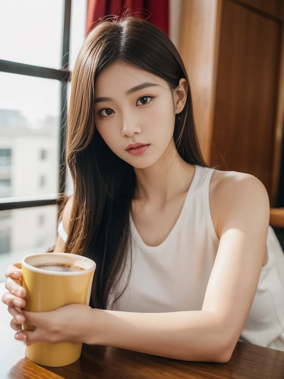 (16K, highres, absurdresmasterpiece, best quality, ultra detailed, exquisite, beautiful), delicate facial features, beautiful japanese idol, late s, 19year old, woman, in the cafe, coffee cup, looking at viewer, realistic portrait, raw photo, ultra realistic photo, upper body, front view, golden ratio, cinematic lighting, in focus with blurred background,