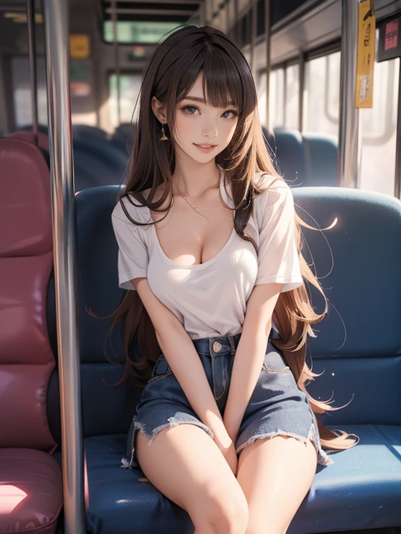 ((Extreme exposure))(High-definition image quality)極Realistic skin texture、High definition face(brown、Very long straight hair、Hair behind the ear、Beautiful moist brown hair、Smooth Hair)((Bright smile、Embarrassed expression))、Gaze(y 25 year old girl、Idol Makeup、Eyeliner)(Fair skin)(Sparkling eyes)Smooth Skin、Realistic skin texture ((Oversized T-shirt、Short length、Cleg Breastsly short denim miniskirt、damage、Super tight、small、Ultra low rise、Panty lines))))A well-rtioned and perfect body、Beautiful armpits、On the position of the chest、Round big breasts、Beautiful vallen waist、Waistline、Long legs、Glitter High Heels((((In the bus、Sit erotically))))(((((Medium Full Shot)))