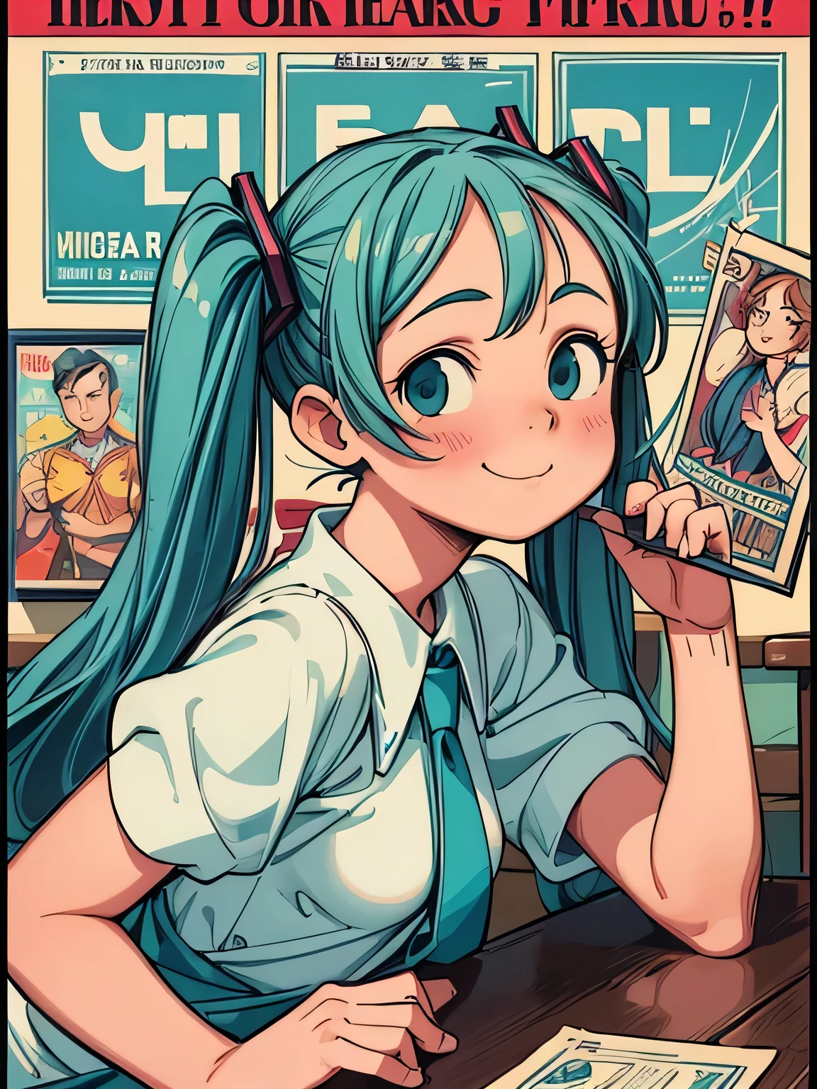 (masterpiece、highest quality、highest quality、Official Art、Beautiful and beautiful:1.2)、(One girl:1.3)Hatsune Miku、Twin tails,Big Breasts,Losing a smile young girl poster, Glossy old advertising poster, Vintage Posters, Poster Vintage, Retro Posters, enoch bolles, 1940s propaganda posters, Joseph Brant, inspired by Art Frahm, beautiful retro art, art deco poster, Vintage Posters style, Hidden advertisement, Trading card front