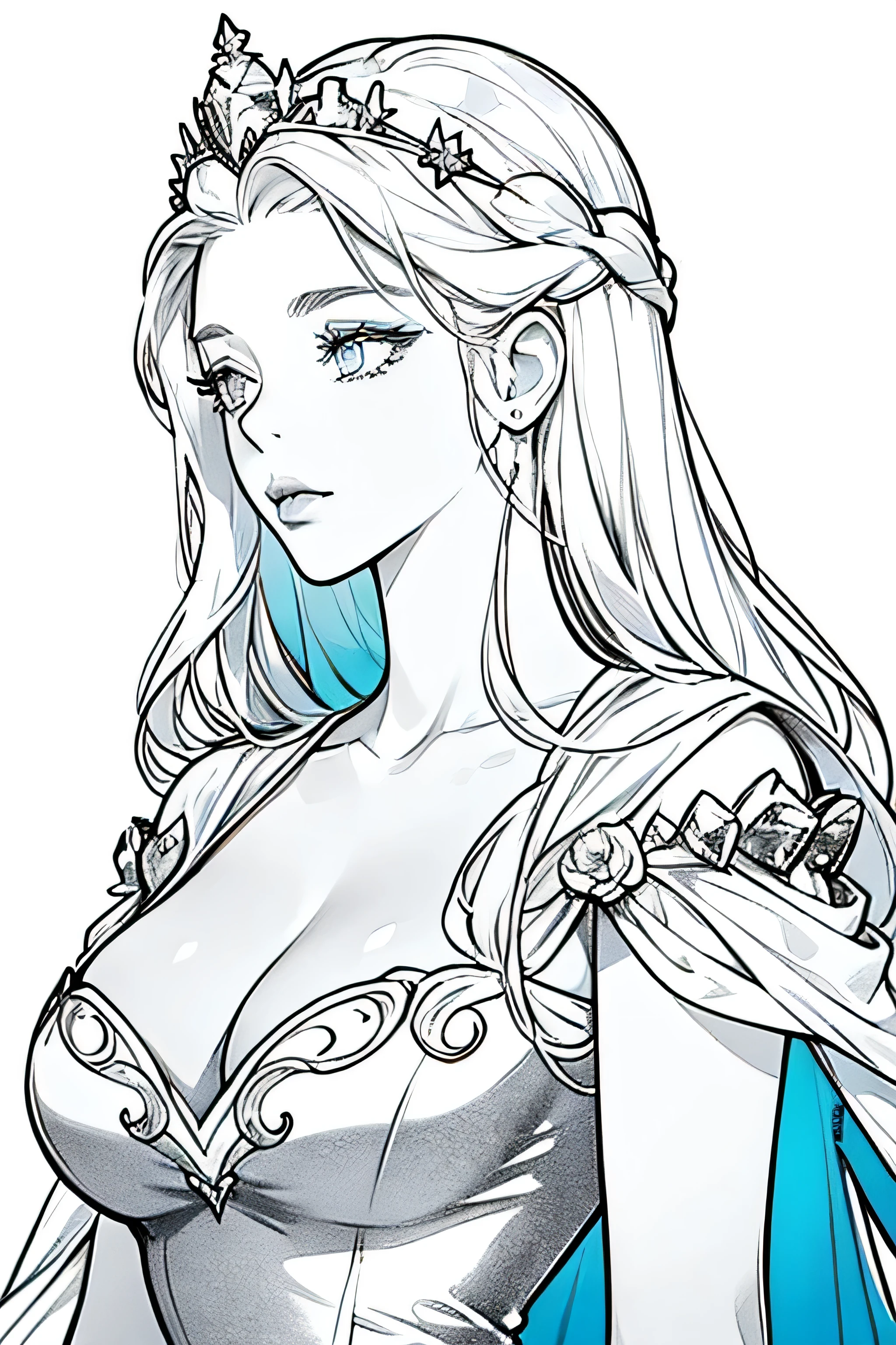 best quality, high resolution, clean background, high contrast, 1 girl, close-up of the head, white background, clean line drawings, vibrant colors, a long ice dress, ice crown on head. Big , big cleavage, ultra sexy ice queen