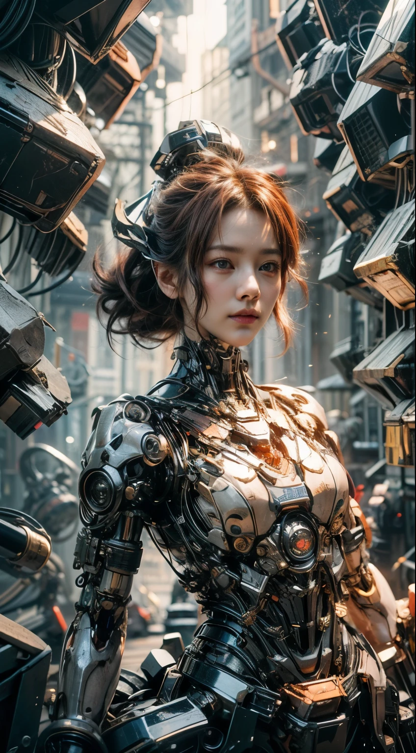 1girll,Big eyes,Perfect facial features,With a mecha helmet,mechs,Photorealsitic,Metallic,sitting on a stool,eyes looking at the lens,Lips slightly open,There is a mecha dragon behind him,Dragon,best qualtiy,c4d渲染,rendering by octane,Cinematic quality,tmasterpiece,16k,(full body)