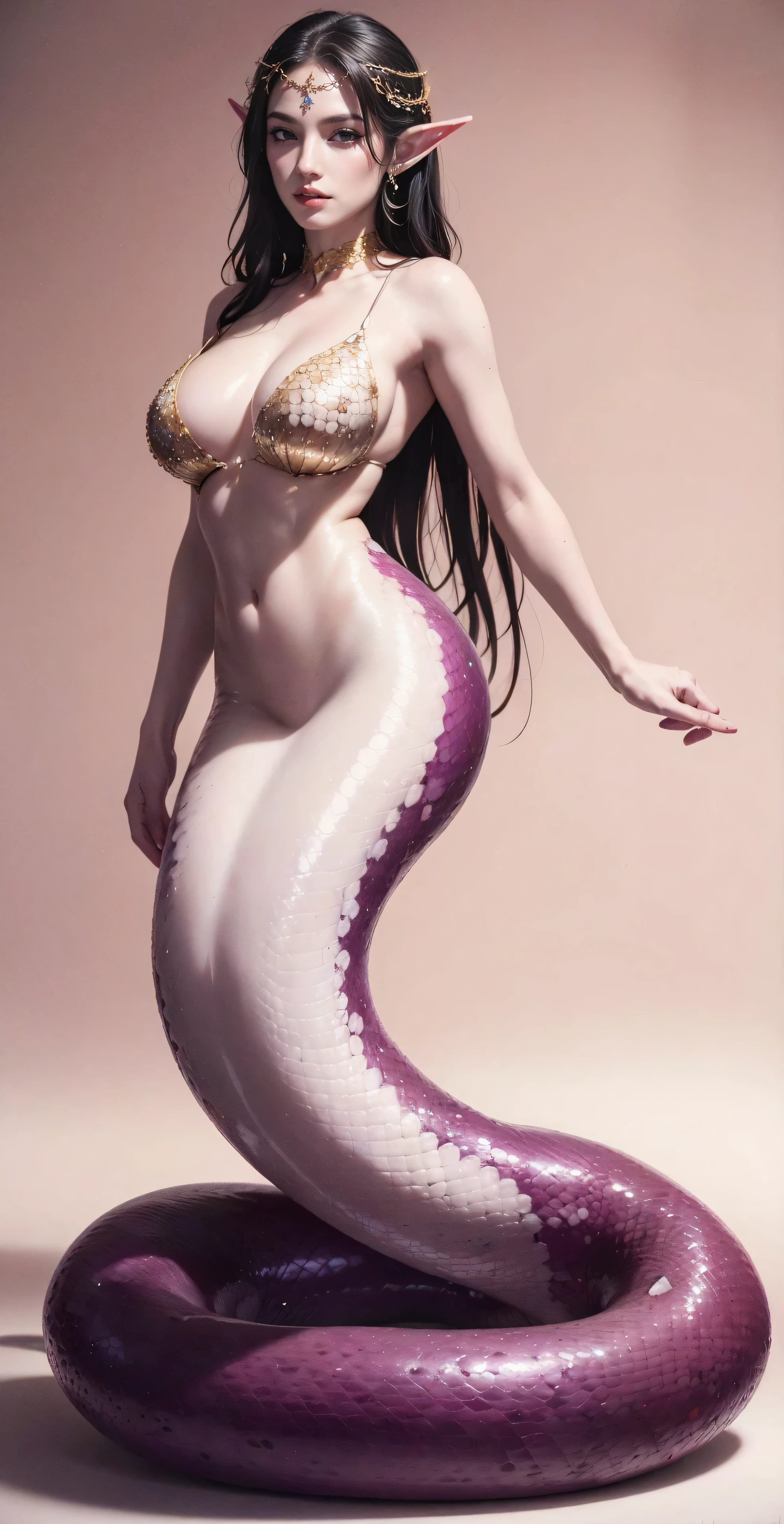 （（masterpiece，best quality，Ultra-clear，original photo，Extremely detailed CG，8K）），Lamia，（Long snake tail：1.3），Beautiful elf girl，Black long hair，Exquisite eyes，Delicate face，Detailed hands，Smooth and delicate skin，Skin radiance，（Big breasts and thin waist），Beautiful purple snake scales，high resolution，（Super detailed：1.4），（lifelike：1.2），Imagine，Dazzling，charm，nude，nude，full-body shot