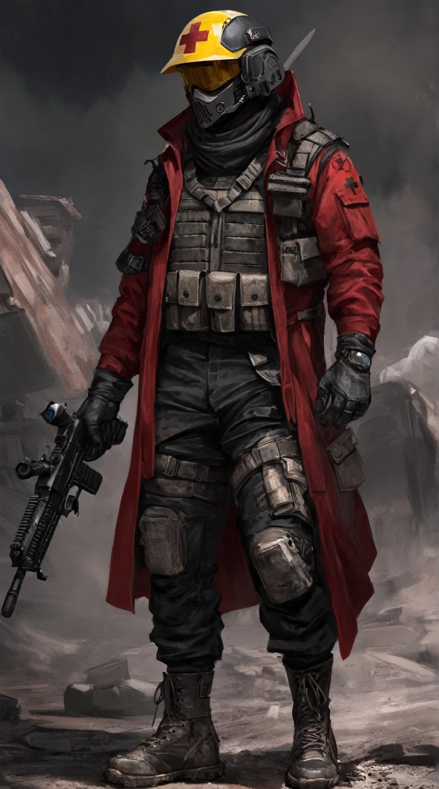 sci-fi black helmet, yellow helmet visor, dark red duster coat, grey tactical vest, black pants, combat boots, shoulder red cross symbol, Male soldier, sci-fi soldier, post apocalyptic, combat medic