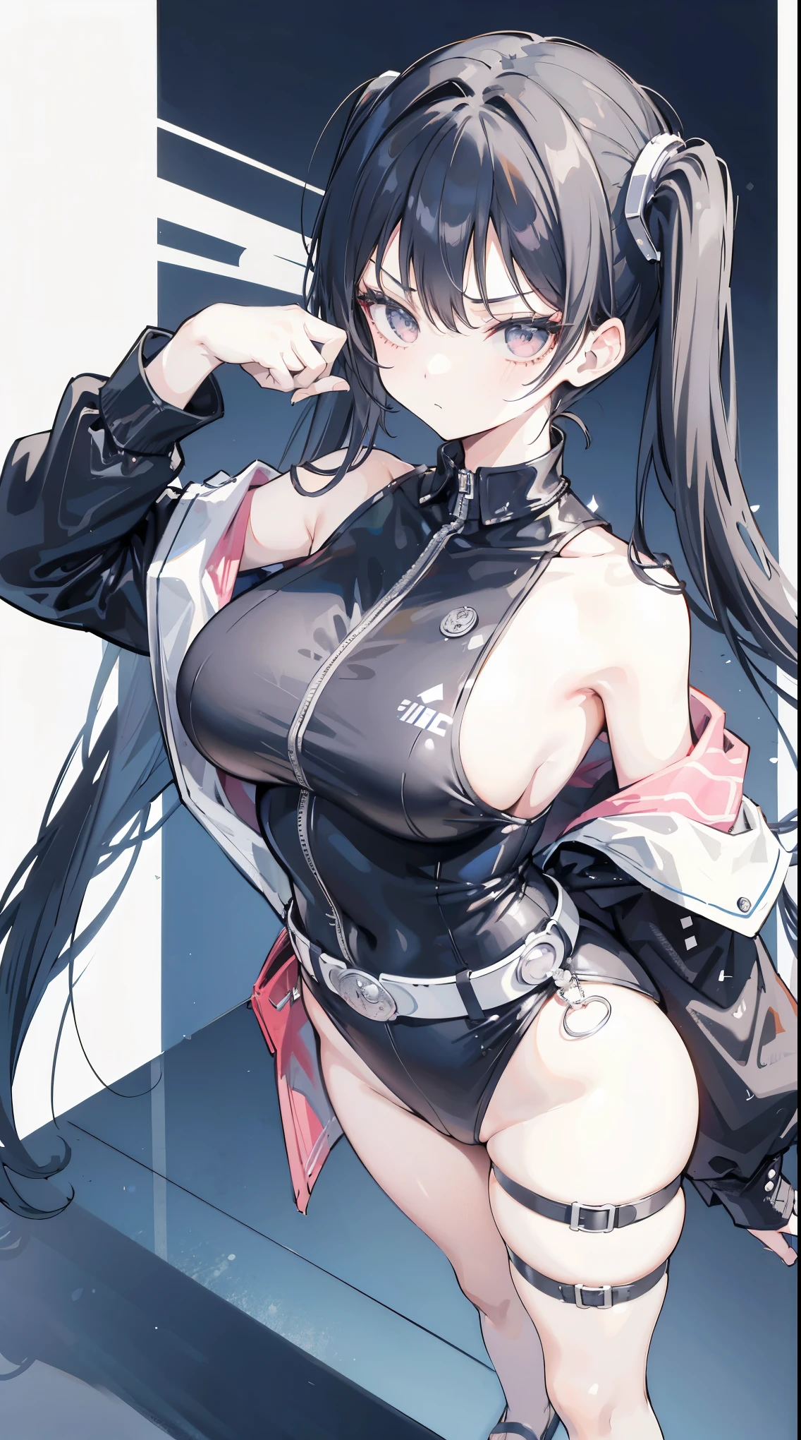 masterpiece,anime style,chibi,sexy girl,black hair,shoulder length hair with two pigtails,police costume,serious face,big breasts,waiting on the right side of the image,full body,standing alone,pointing at someone,
