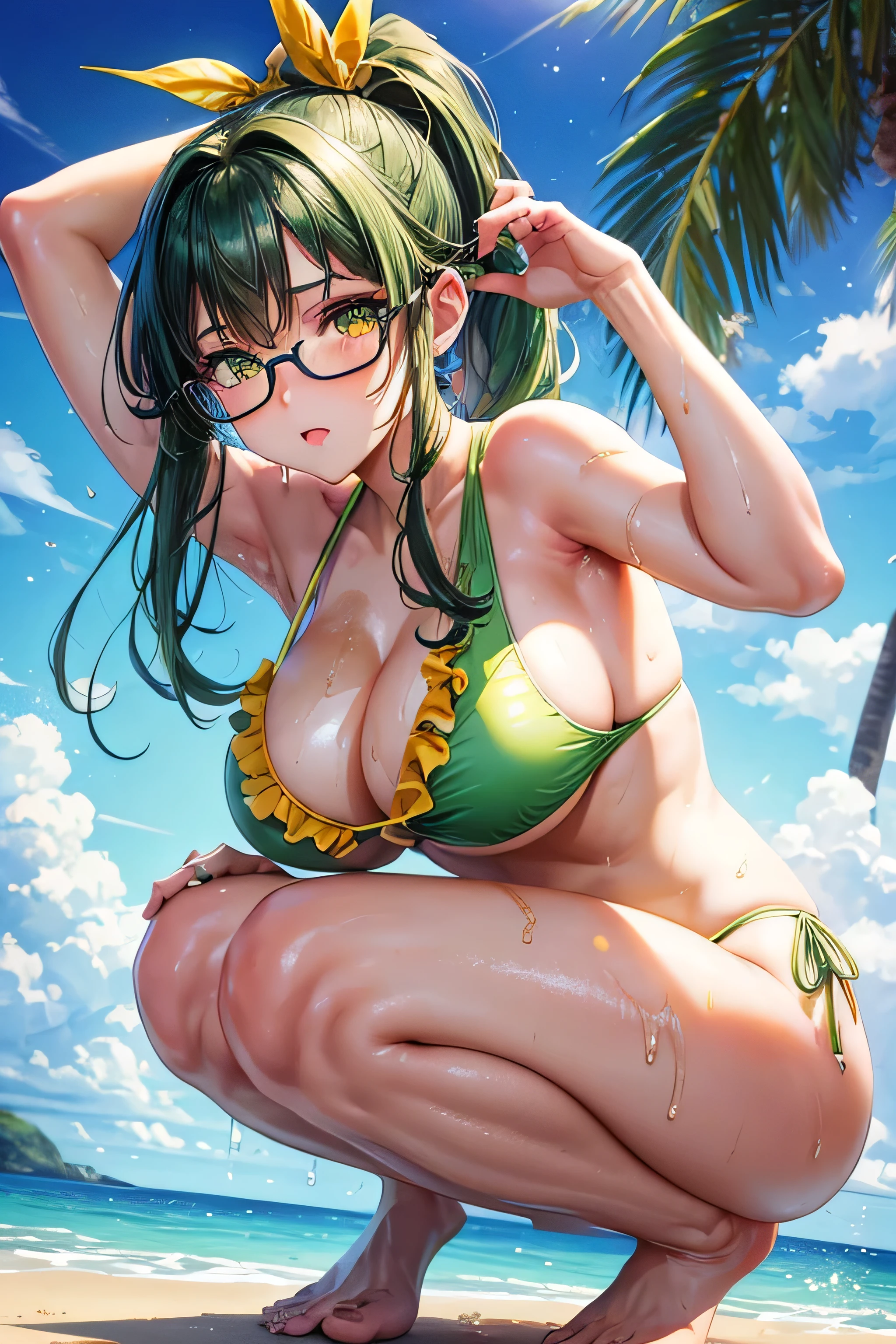 High resolution, high quality, One girl, Anime Girls, dark green hair,middle hair,ponytail,green eyes, Green glasses,heart shaped pupils,Glowing Skin, Large Breasts,beautiful breasts,pointy breasts,Big Ass,beautiful ass,Embarrassed,blue stripe swimsuit,Back Pose,lower body,sweat,wet,squatting,(open legs),arms behind head,at Beach,(Kiwi juice),(lemon juice),(orange juice),(Pineapple juice),(Mango juice),(water),