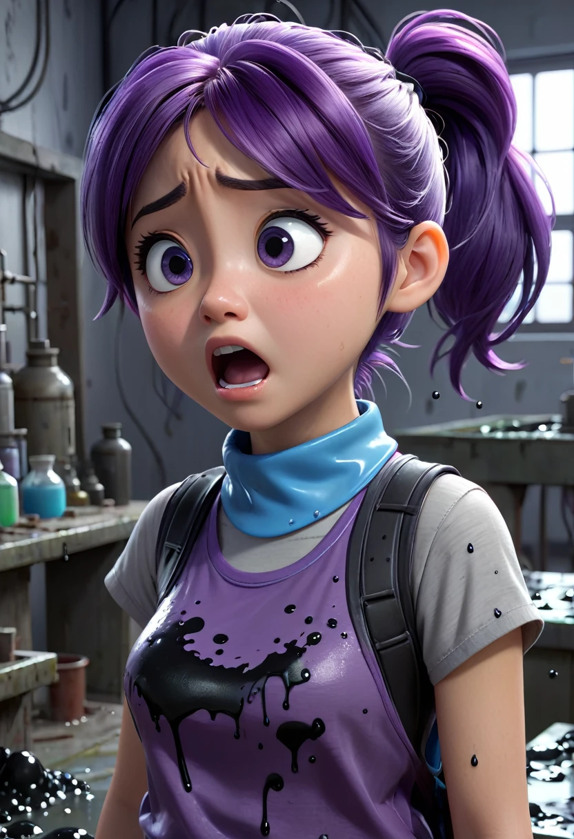 14 year old Japanese girl, purple hair in ponytail, blue collar, gray tank top, terrified, trapped in black slime in abandoned laboratory, Pixar 3d style, (Best quality, 4k, 8k, high resolution, masterpiece artwork #39; illustration: 1.2), ultra detailed, (realistic, photorealistic, photo-realistic: 1.37), portraits, vivid colors, studio lighting