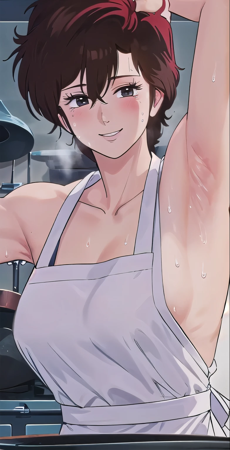 Kaori, 1girl, solo, upper body, kitchen, cooking, looking at viewer, smile, apron, perfect quality, good quality, masterpiece, HDR, UHD, sweaty, armpits, ((full of sweat)), close up armpits 