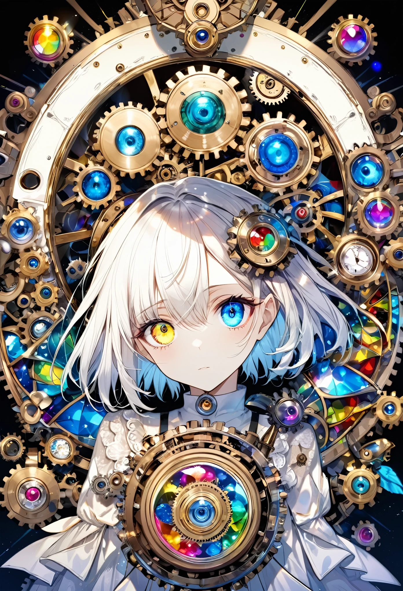 highest quality, Super quality, 16k, Incredibly absurd, Very detailed, delicate and dynamic, A stained glass kaleidoscope made of gemstones of different colors, With mechanical mechanism, Clockwork mechanics, and gear mechanism, A monochrome girl peering into it, (Heterochromia iridis, Star-shaped pupil, Heart-shaped pupils), Lighting Effects, Prism Effect, Mirror Effect, Rainbow World Artwork