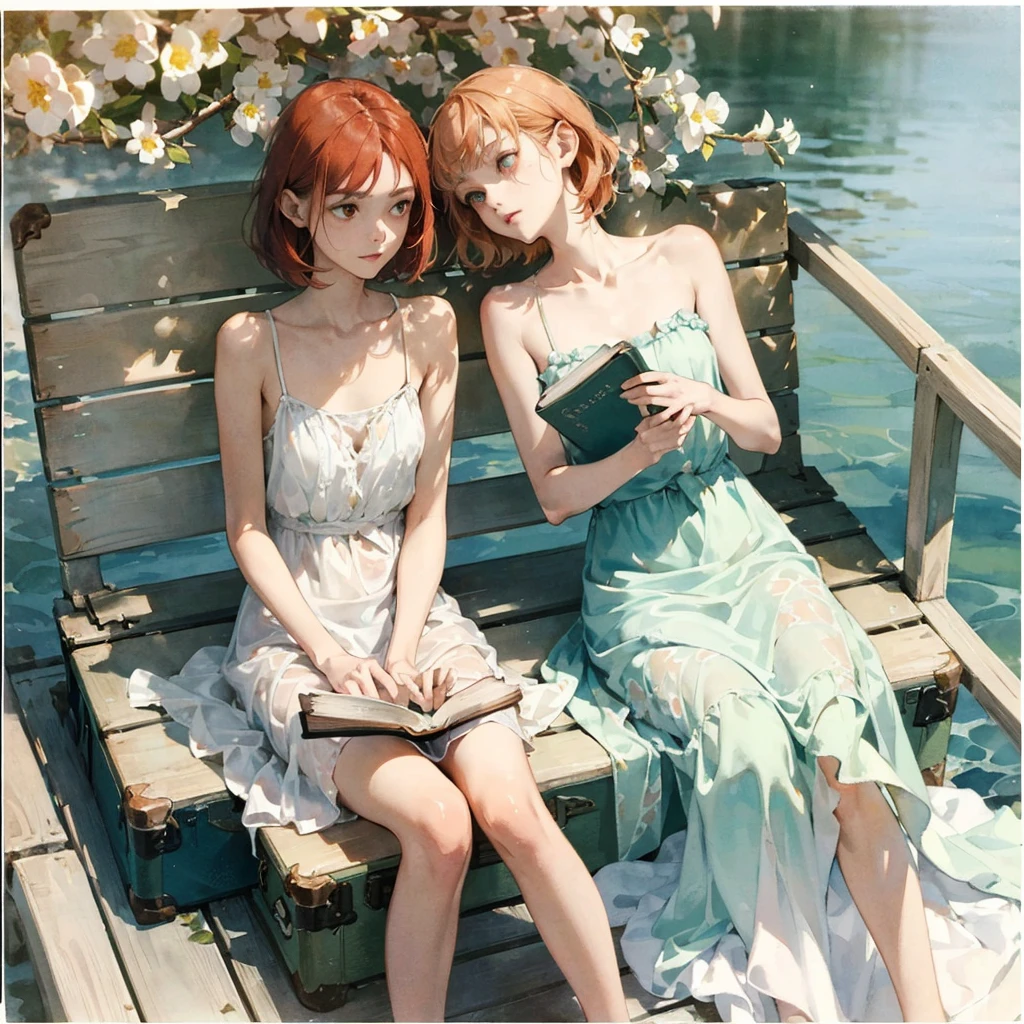 Exquisite (slim (skinny)) Girl 16 years old (with a perfect, very beautiful gentle face and almond-shaped eyes) (with a southern skin tone and soft lips) (with short red hair) (with freckles) (in a light summer green sundress) (barefoot) (on the pier on a bench) (Reading a book) (Under a flowering tree), (there is a small old travel suitcase on the ground nearby), soft amber evening light, warm sun, gentle waves, mint and peach shades; draw ((in watercolor style)); ((very beautiful exquisite face)); (high image quality, high detail), ((discreet faded shades, pale expressionless colors, imitation of film photography, diffused soft light)); ((big alien eyes), skinny); ((delicate shades))