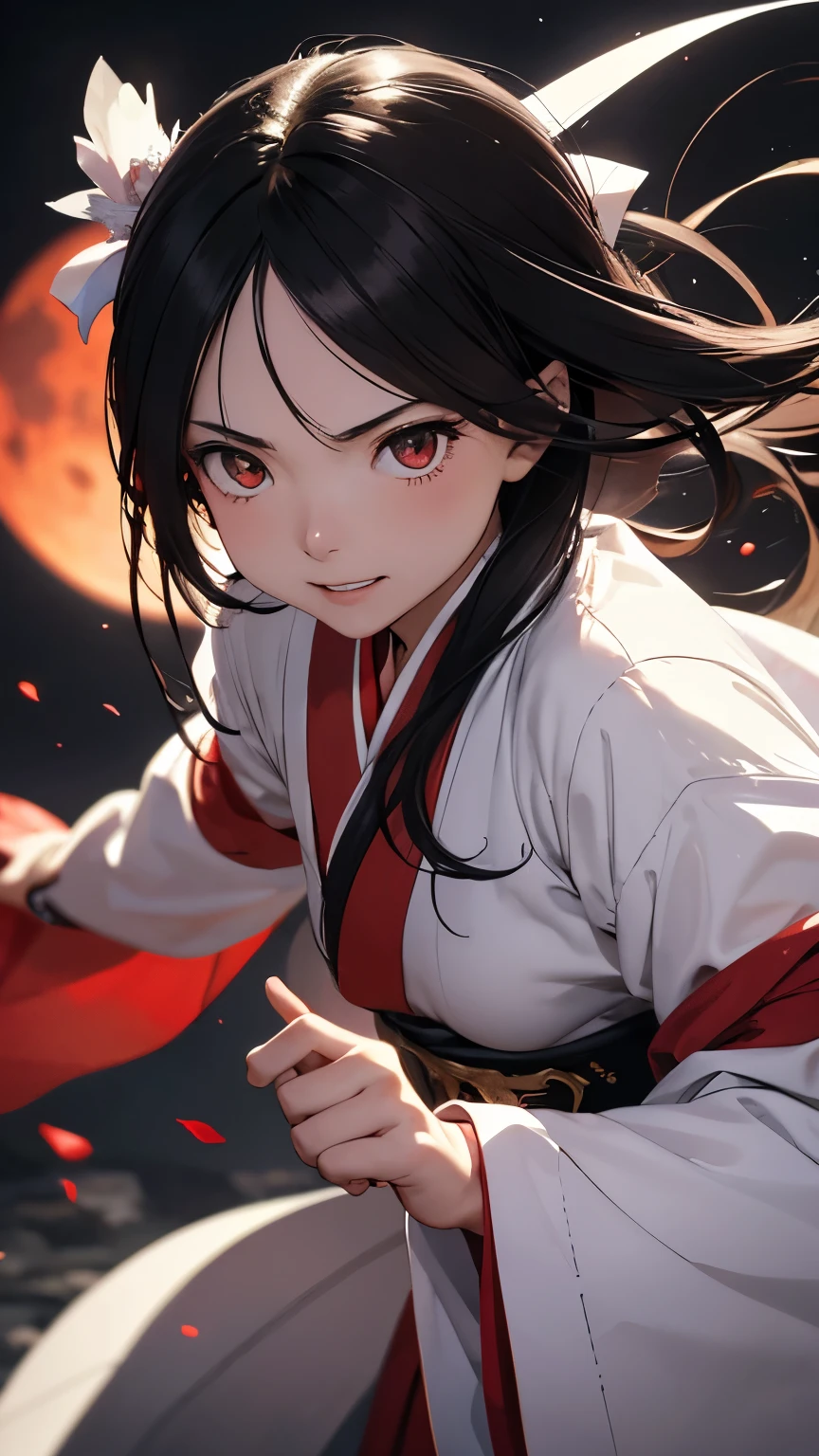 Japanese shrine maiden, girl, shrine, mysterious, human, shrine maiden clothes, short and slender person, standing, white skin, white skin, long black hair, red eyes, crazy smile, beautiful face, night, Beautiful face, white and red clothes, beautiful limbs, tamagushi, white jacket, sleeves, white gloves, traditional clothes, red skirt, black moon, red moon, looking at the viewer, intimidating gaze, (cinematic angle:1.2), drawing style, dynamic light, ultra detail, extremely detailed CG, micro intricate, highly detailed skin, highly detailed face, highly detailed pupils, highly detailed iris, RAW photo, best quality, high resolution, ((masterpiece)), realistic, sharp focus, HDR, 8K resolution, intricate detail, sophisticated detail, hyper detailed, (depth of field), highlight and shadow, volumetric lighting, highly detailed background, by Kentaro Miura:1.1, comicbookpencils:0.9, greyscale(line art:1.1)