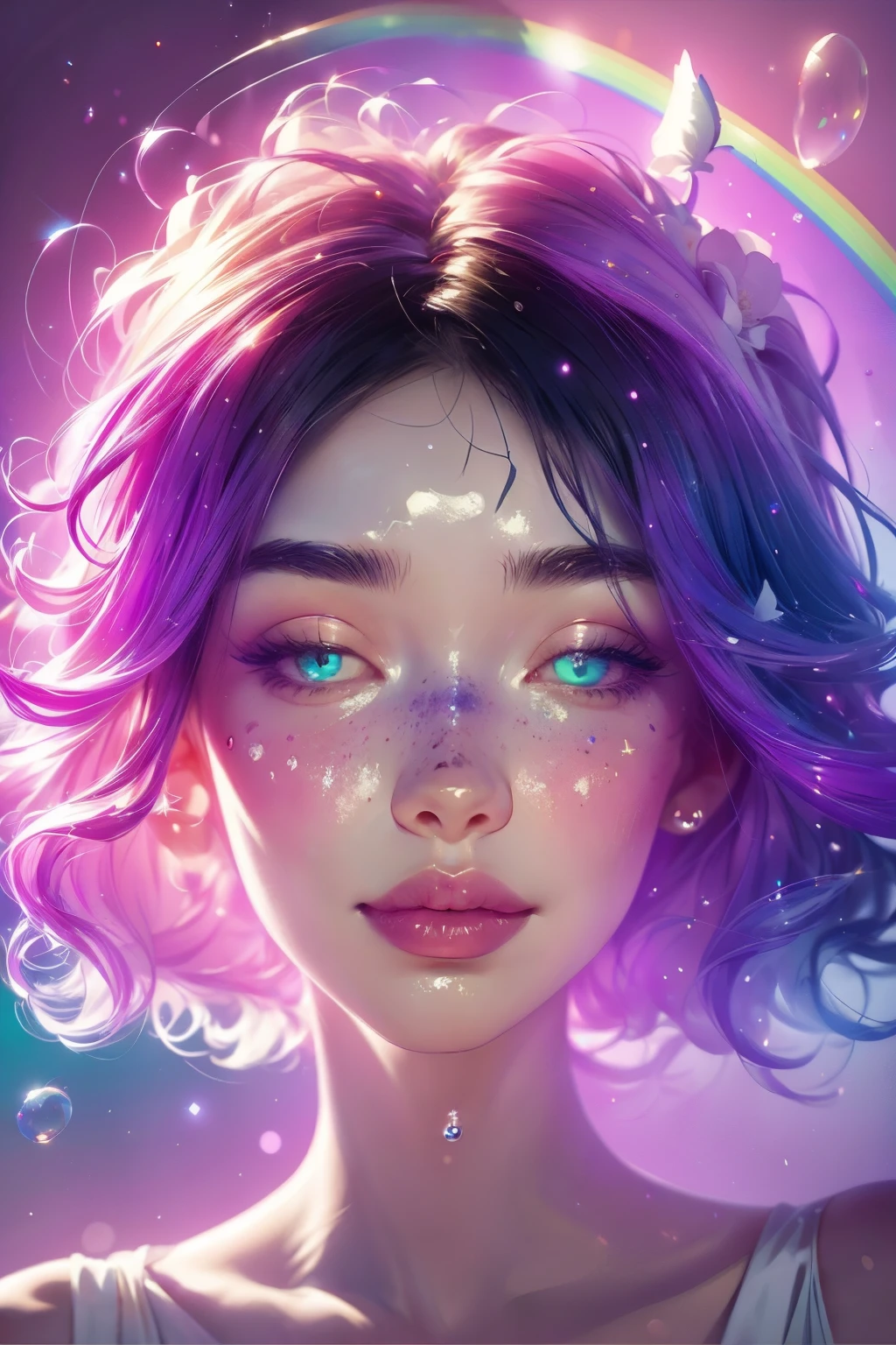 (This is a beautiful rainbow fantasy image that feels interesting and emphasizes glitter and iridescence.) Generate a ((blind)) curvy woman with colorful curly hair and milky white eyes. Her face is important and is perfectly formed with puffy lips and perfect features. (Her eyes are critically important and are (blank) and (solid white)). The image exudes ethereal beauty and soft fantasy. Include sweet and detailed birds and soft, luminous flowers in all the colors of the rainbow. The image's background is decorated in shades of pink, shimmer, glitter, and fantasy details like colored bubbles and cosmos. Utilize dynamic composition to create a compelling and action-packed image. Dramatic lighting and cinematic lighting enhance the woman's beauty and the soft colors in the artwork. (((((Perspective: head on.))))) Include fantasy, cute, colorful, colourful, interesting magic background, ((((blank eyes)))), ((((empty white eyes)))), (shirome eyes:1.3), (smirking), (perfectly rendered solid whiteeyes), ((birthmark on lip)), ((pretty lips)), beautiful background, complex background, sweet background, (((rainbow)))