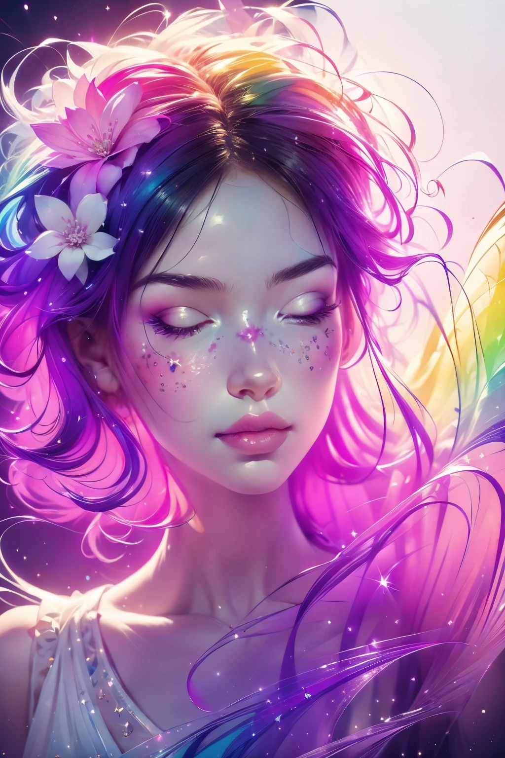 (This is a beautiful rainbow fantasy image that feels interesting and emphasizes glitter and iridescence.) Generate a ((blind)) curvy woman with colorful curly hair and milky white eyes. Her face is important and is perfectly formed with puffy lips and perfect features. (Her eyes are critically important and are (blank) and (solid white)). The image exudes ethereal beauty and soft fantasy. Include sweet and detailed birds and soft, luminous flowers in all the colors of the rainbow. The image's background is decorated in shades of pink, shimmer, glitter, and fantasy details like colored bubbles and cosmos. Utilize dynamic composition to create a compelling and action-packed image. Dramatic lighting and cinematic lighting enhance the woman's beauty and the soft colors in the artwork. (((((Perspective: head on.))))) Include fantasy, cute, colorful, colourful, interesting magic background, ((((blank eyes)))), ((((empty white eyes)))), (shirome eyes:1.3), (smirking), (perfectly rendered solid whiteeyes), ((birthmark on lip)), ((pretty lips)), beautiful background, complex background, sweet background, (((rainbow)))