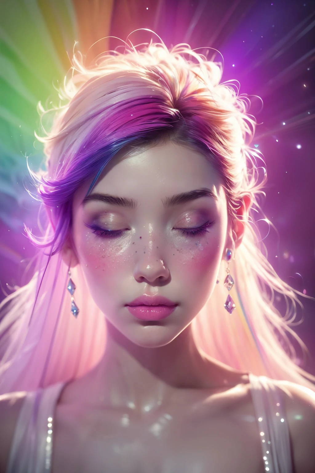 (This is a beautiful rainbow fantasy image that feels interesting and emphasizes glitter and iridescence.) Generate a ((blind)) curvy woman with colorful curly hair and milky white eyes. Her face is important and is perfectly formed with puffy lips and perfect features. (Her eyes are critically important and are (blank) and (solid white)). The image exudes ethereal beauty and soft fantasy. Include sweet and detailed birds and soft, luminous flowers in all the colors of the rainbow. The image's background is decorated in shades of pink, shimmer, glitter, and fantasy details like colored bubbles and cosmos. Utilize dynamic composition to create a compelling and action-packed image. Dramatic lighting and cinematic lighting enhance the woman's beauty and the soft colors in the artwork. (((((Perspective: head on.))))) Include fantasy, cute, colorful, colourful, interesting magic background, ((((blank eyes)))), ((((empty white eyes)))), (shirome eyes:1.3), (smirking), (perfectly rendered solid whiteeyes), ((birthmark on lip)), ((pretty lips)), beautiful background, complex background, sweet background, (((rainbow)))