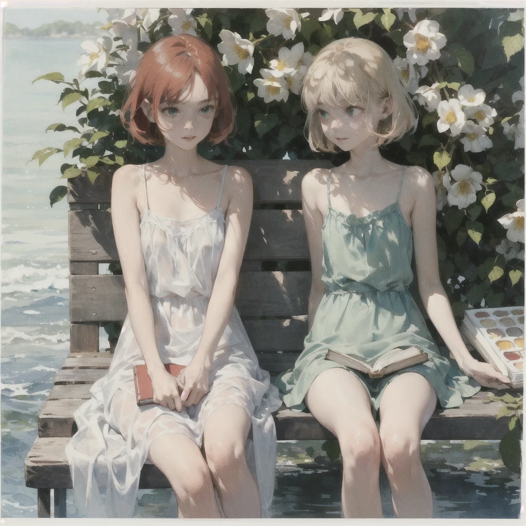 Exquisite (slim (skinny)) Girl 16 years old (with a perfect, very beautiful gentle face and almond-shaped eyes) (with a southern skin tone and soft lips) (with short red hair) (with freckles) (in a light summer green sundress) (barefoot) (on the pier on a bench) (Reading a book) (Under a flowering tree), (there is a small old travel suitcase on the ground nearby), soft amber evening light, warm sun, gentle waves, mint and peach shades; draw ((in watercolor style)); ((very beautiful exquisite face)); (high image quality, high detail), ((discreet faded shades, pale expressionless colors, imitation of film photography, diffused soft light)); ((big alien eyes), skinny); ((delicate shades))