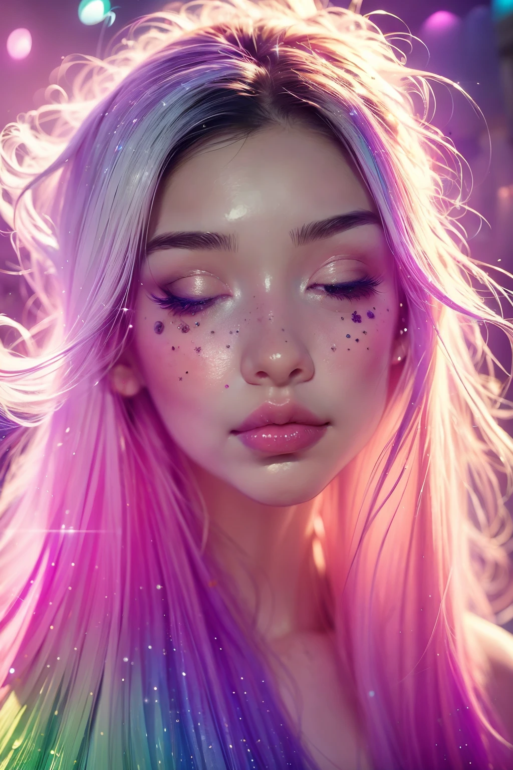 (This is a beautiful rainbow fantasy image that feels interesting and emphasizes glitter and iridescence.) Generate a ((blind)) curvy woman with colorful curly hair and milky white eyes. Her face is important and is perfectly formed with puffy lips and perfect features. (Her eyes are critically important and are (blank) and (solid white)). The image exudes ethereal beauty and soft fantasy. Include sweet and detailed birds and soft, luminous flowers in all the colors of the rainbow. The image's background is decorated in shades of pink, shimmer, glitter, and fantasy details like colored bubbles and cosmos. Utilize dynamic composition to create a compelling and action-packed image. Dramatic lighting and cinematic lighting enhance the woman's beauty and the soft colors in the artwork. (((((Perspective: head on.))))) Include fantasy, cute, colorful, colourful, interesting magic background, ((((blank eyes)))), ((((empty white eyes)))), (shirome eyes:1.3), (smirking), (perfectly rendered solid whiteeyes), ((birthmark on lip)), ((pretty lips)), beautiful background, complex background, sweet background, (((rainbow)))